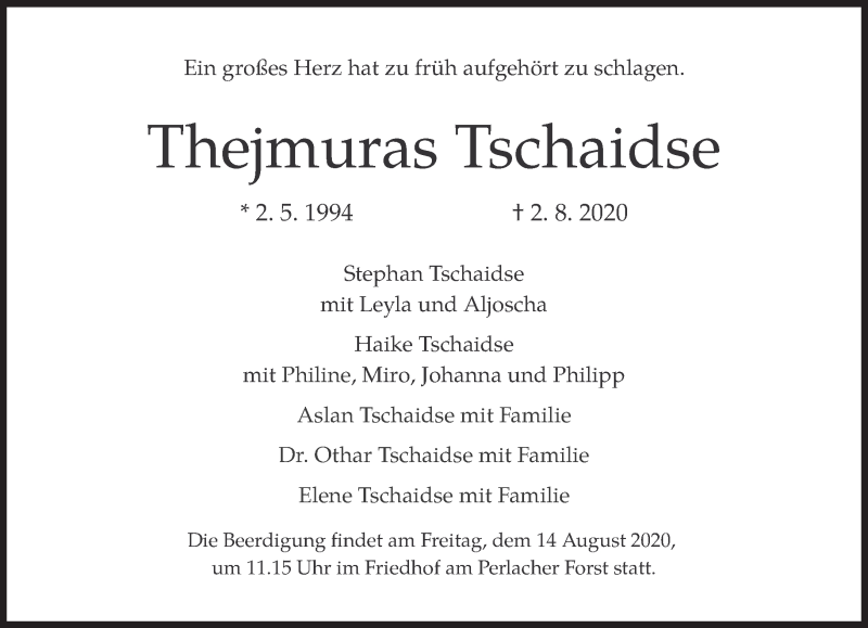  Traueranzeige für Thejmuras Tschaidse vom 08.08.2020 aus Süddeutsche Zeitung
