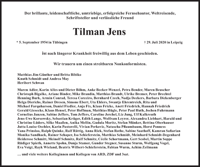  Traueranzeige für Tilman Jens vom 10.08.2020 aus Süddeutsche Zeitung