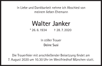 Traueranzeige von Walter Janker von Süddeutsche Zeitung