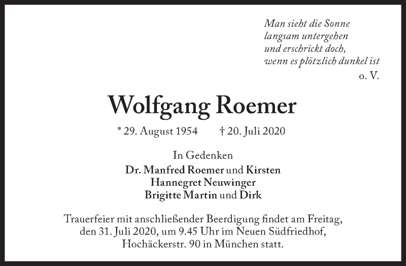  Traueranzeige für Wolfgang Roemer vom 29.07.2020 aus Süddeutsche Zeitung