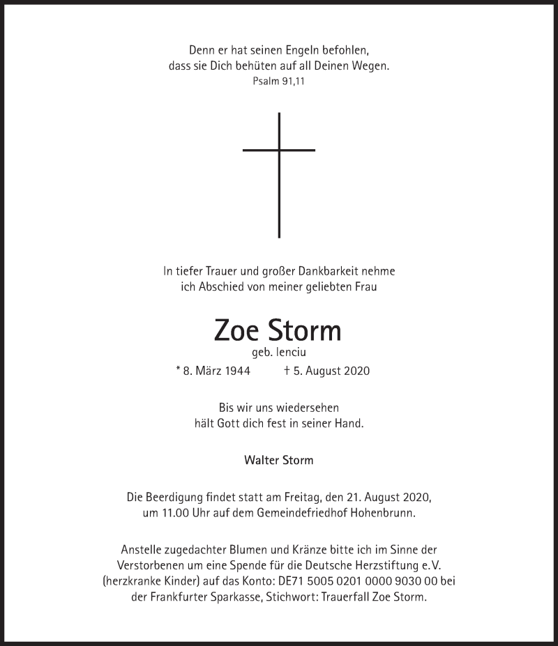 Traueranzeige für Zoe Storm vom 14.08.2020 aus Süddeutsche Zeitung