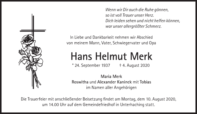  Traueranzeige für Helmut Merk vom 08.08.2020 aus Süddeutsche Zeitung