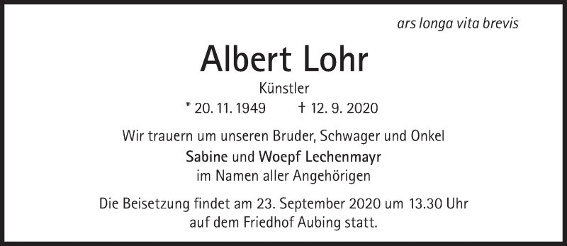  Traueranzeige für Albert Lohr vom 19.09.2020 aus Süddeutsche Zeitung