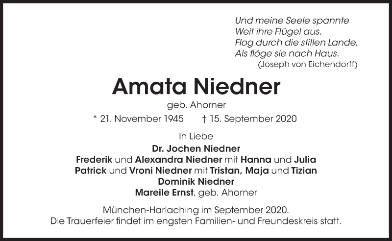  Traueranzeige für Amata Niedner vom 19.09.2020 aus Süddeutsche Zeitung