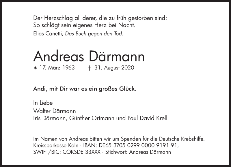  Traueranzeige für Andreas Därmann vom 05.09.2020 aus Süddeutsche Zeitung