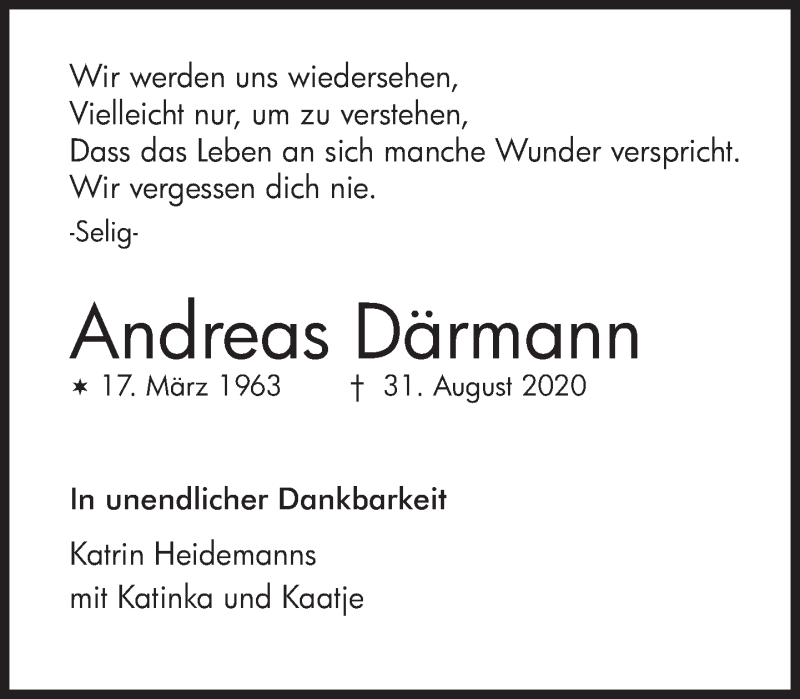  Traueranzeige für Andreas Därmann vom 05.09.2020 aus Süddeutsche Zeitung