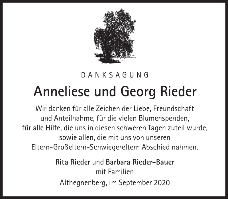  Traueranzeige für Anneliese Rieder vom 26.09.2020 aus Süddeutsche Zeitung