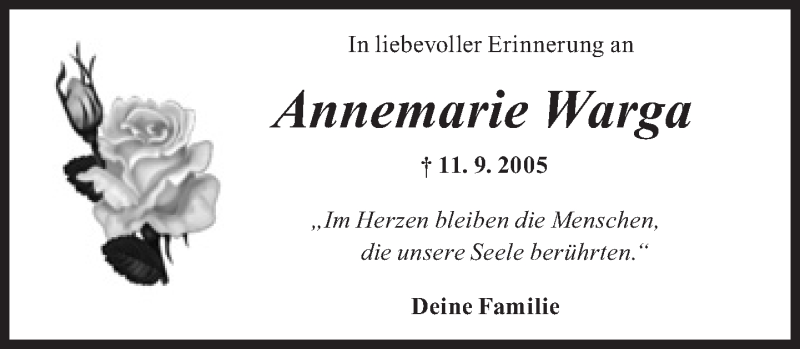 Traueranzeige für Annemarie Warga vom 11.09.2020 aus Süddeutsche Zeitung