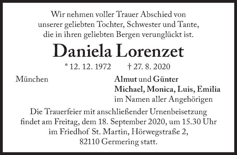  Traueranzeige für Daniela Lorenzet vom 15.09.2020 aus Süddeutsche Zeitung
