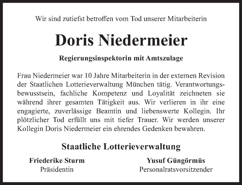  Traueranzeige für Doris Niedermeier vom 25.09.2020 aus Süddeutsche Zeitung