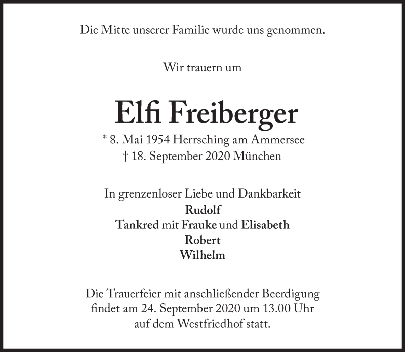  Traueranzeige für Elfi Freiberger vom 23.09.2020 aus Süddeutsche Zeitung