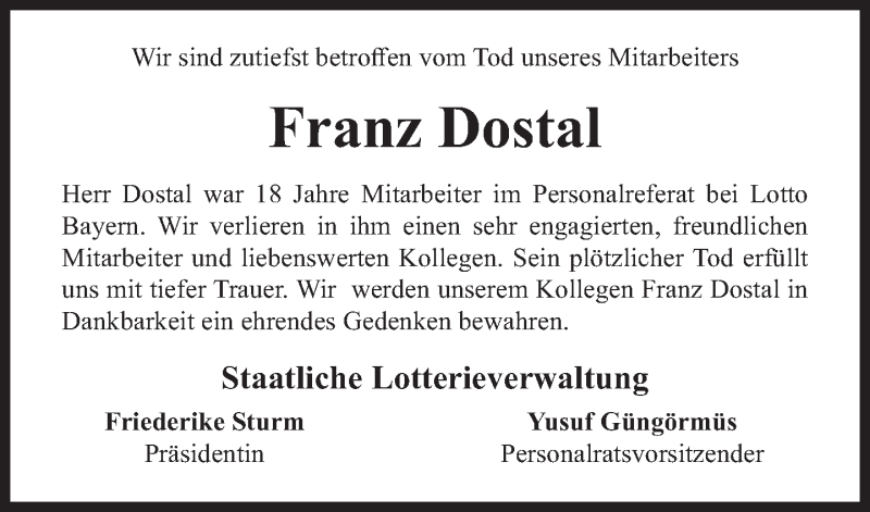  Traueranzeige für Franz Dostal vom 23.09.2020 aus Süddeutsche Zeitung