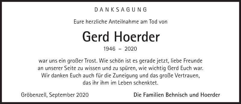  Traueranzeige für Gerd Hoerder vom 19.09.2020 aus Süddeutsche Zeitung