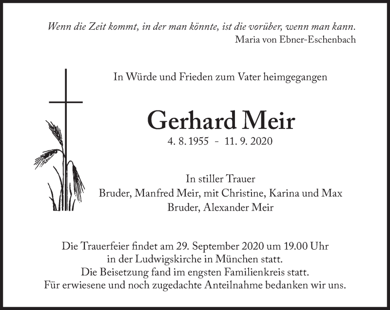  Traueranzeige für Gerhard Meir vom 26.09.2020 aus Süddeutsche Zeitung