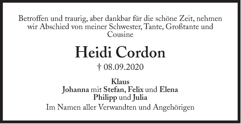  Traueranzeige für Heidi Cordon vom 12.09.2020 aus Süddeutsche Zeitung