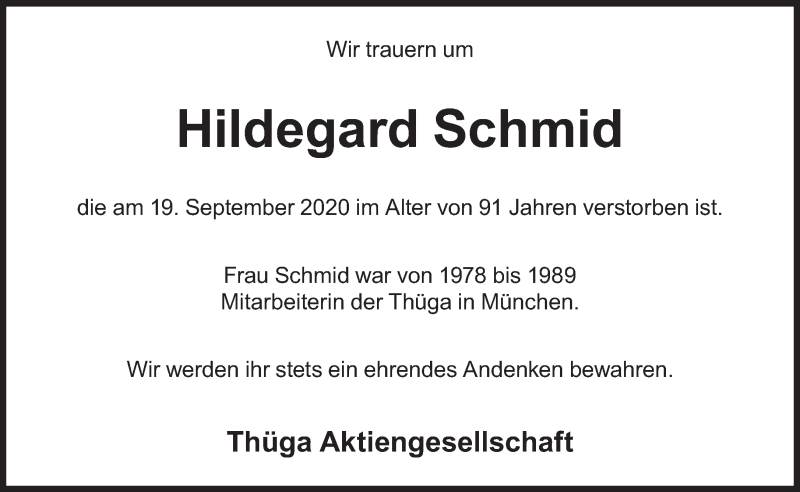  Traueranzeige für Hildegard Schmid vom 26.09.2020 aus Süddeutsche Zeitung