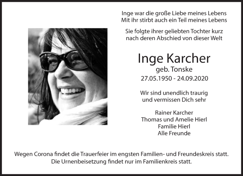  Traueranzeige für Inge Karcher vom 01.10.2020 aus Süddeutsche Zeitung