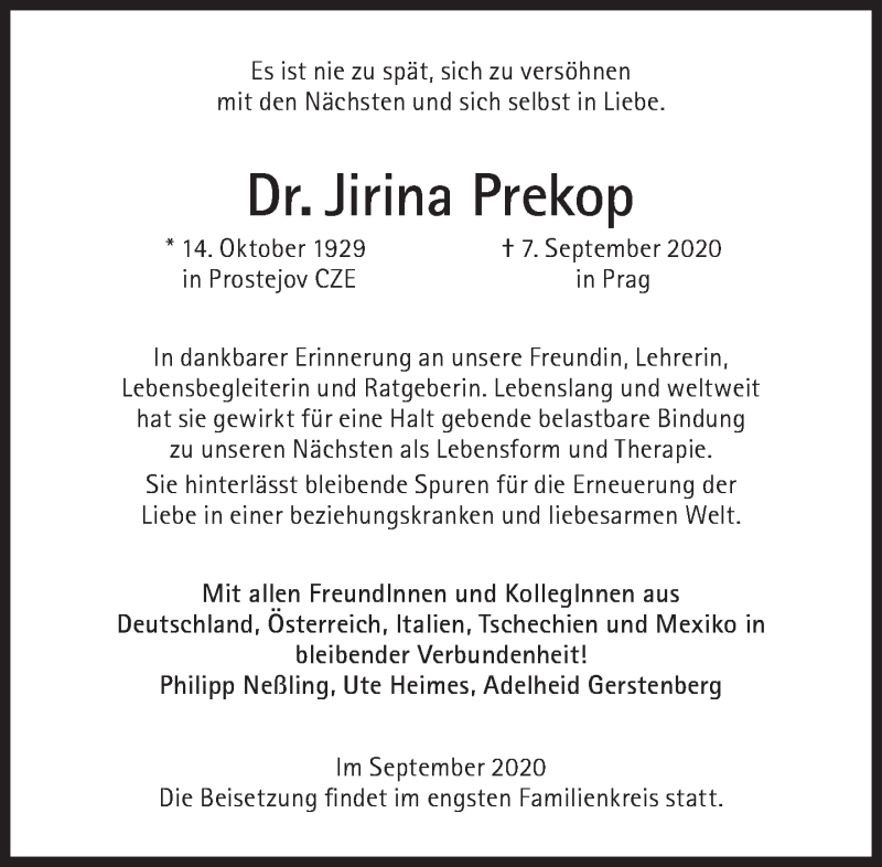  Traueranzeige für Jirina Prekop vom 19.09.2020 aus Süddeutsche Zeitung
