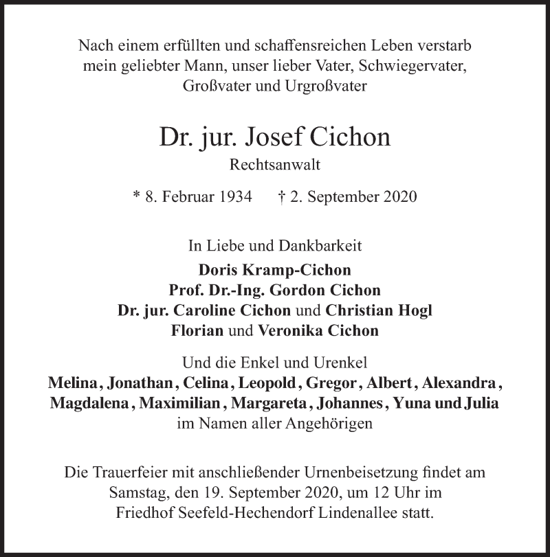  Traueranzeige für Josef Cichon vom 12.09.2020 aus Süddeutsche Zeitung