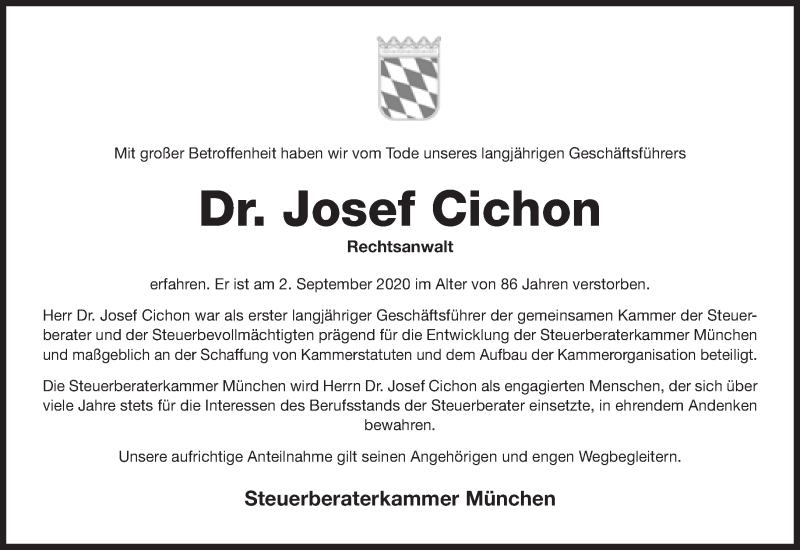  Traueranzeige für Josef Cichon vom 15.09.2020 aus Süddeutsche Zeitung