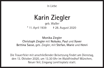 Traueranzeige von Karin Ziegler von Süddeutsche Zeitung