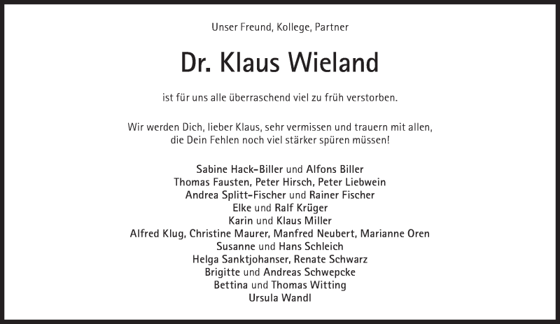  Traueranzeige für Klaus Wieland vom 19.09.2020 aus Süddeutsche Zeitung