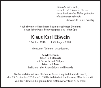 Traueranzeige von Klaus Karl Eßwein von Süddeutsche Zeitung