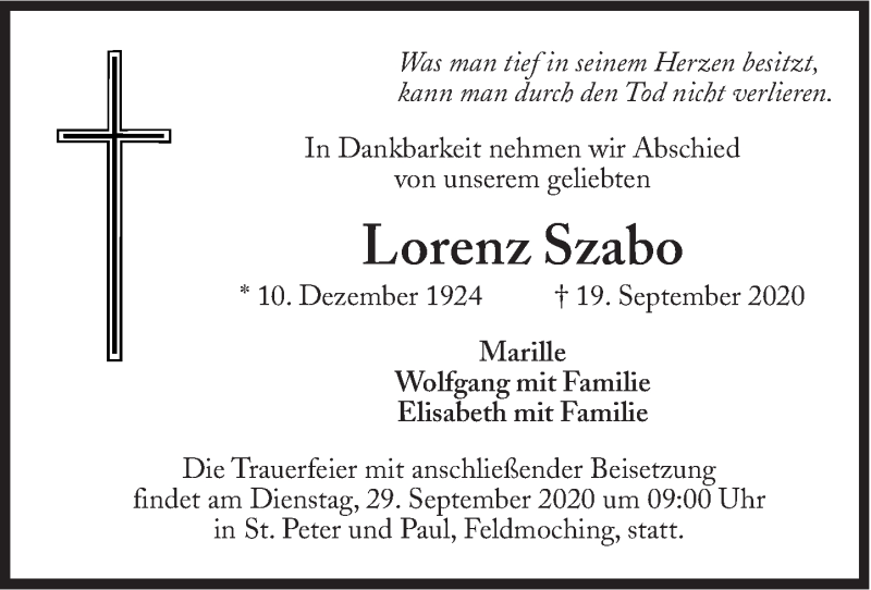  Traueranzeige für Lorenz Szabo vom 26.09.2020 aus Süddeutsche Zeitung