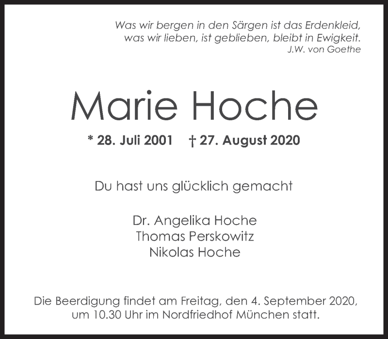  Traueranzeige für Marie Hoche vom 02.09.2020 aus Süddeutsche Zeitung