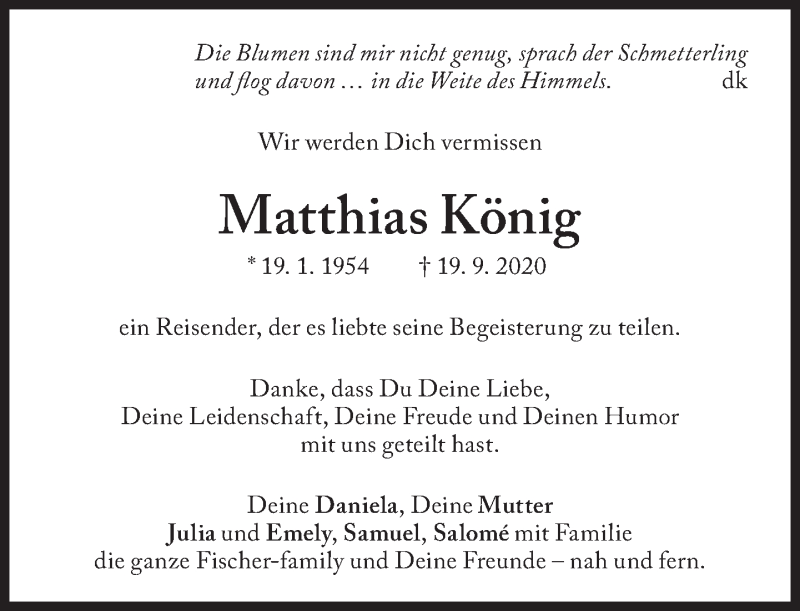  Traueranzeige für Matthias König vom 25.09.2020 aus Süddeutsche Zeitung