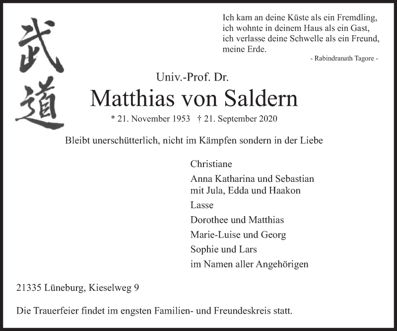  Traueranzeige für Matthias von Saldern vom 26.09.2020 aus Süddeutsche Zeitung
