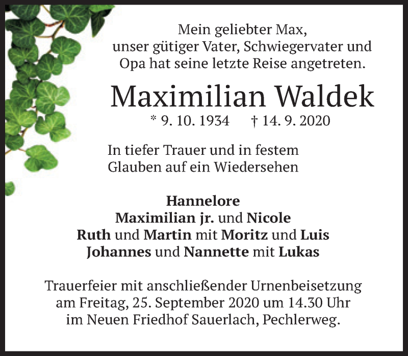  Traueranzeige für Maximilian Waldek vom 19.09.2020 aus Süddeutsche Zeitung