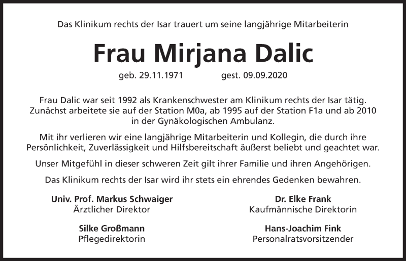  Traueranzeige für Mirjana Dalic vom 12.09.2020 aus Süddeutsche Zeitung