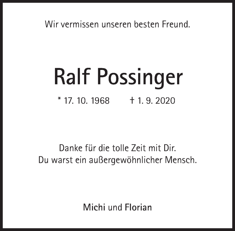 Traueranzeige für Ralf Possinger vom 12.09.2020 aus Süddeutsche Zeitung
