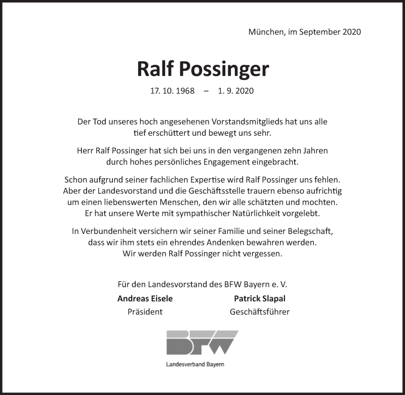  Traueranzeige für Ralf Possinger vom 26.09.2020 aus Süddeutsche Zeitung