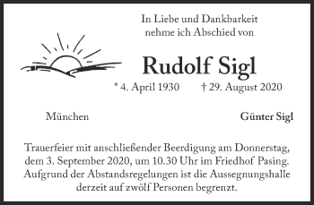 Traueranzeige von Rudolf Sigl von Süddeutsche Zeitung