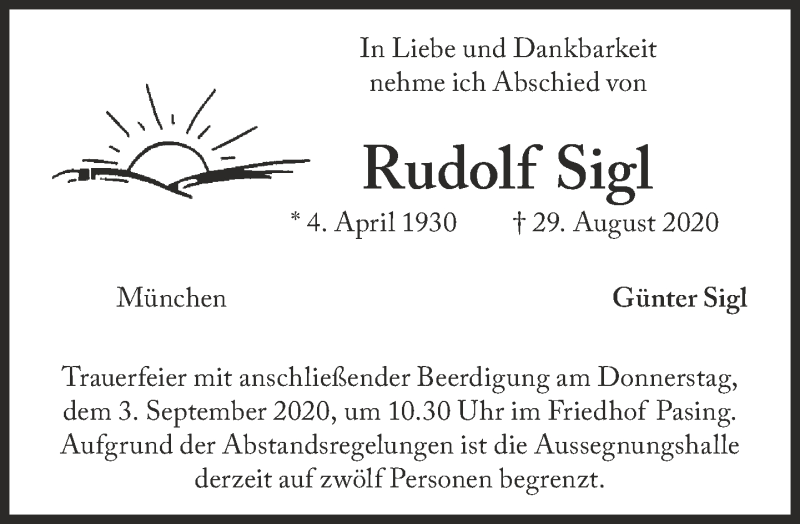 Traueranzeigen Von Rudolf Sigl | SZ-Gedenken.de