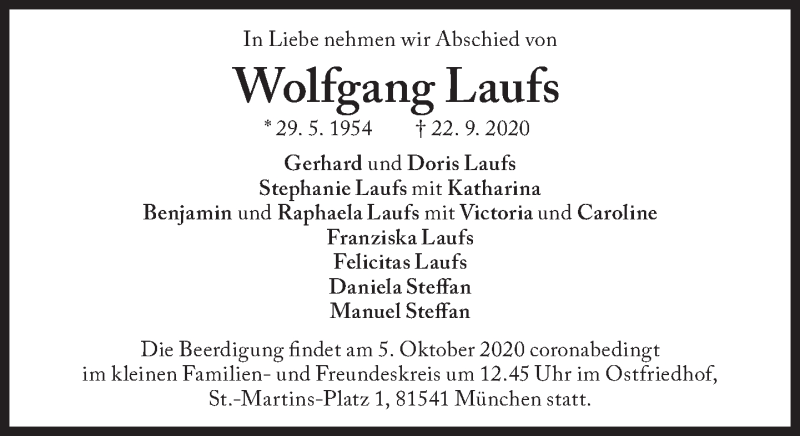  Traueranzeige für Wolfgang Laufs vom 29.09.2020 aus Süddeutsche Zeitung