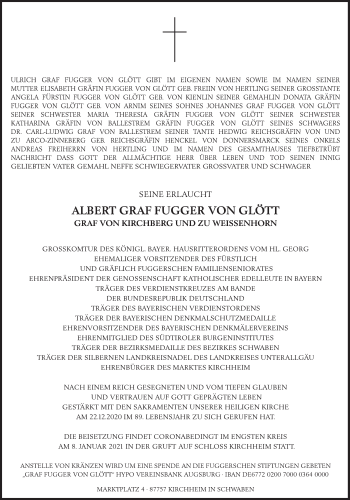 Traueranzeige von Albert  Graf Fugger von Glött von Süddeutsche Zeitung