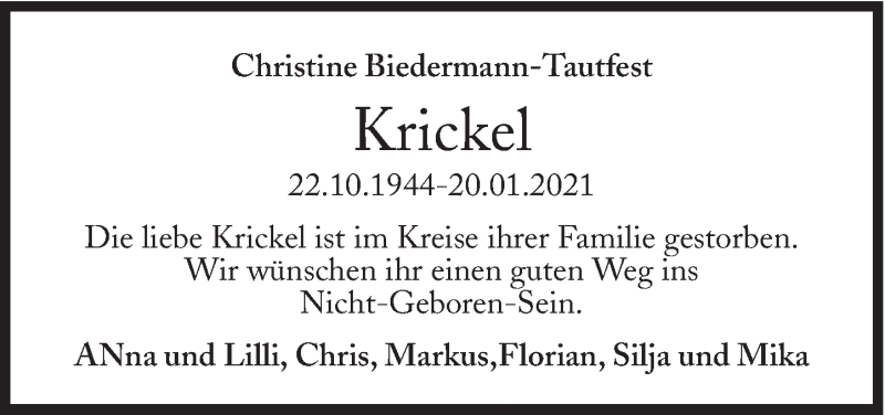  Traueranzeige für Christine Biedermann-Tautfest vom 23.01.2021 aus Süddeutsche Zeitung