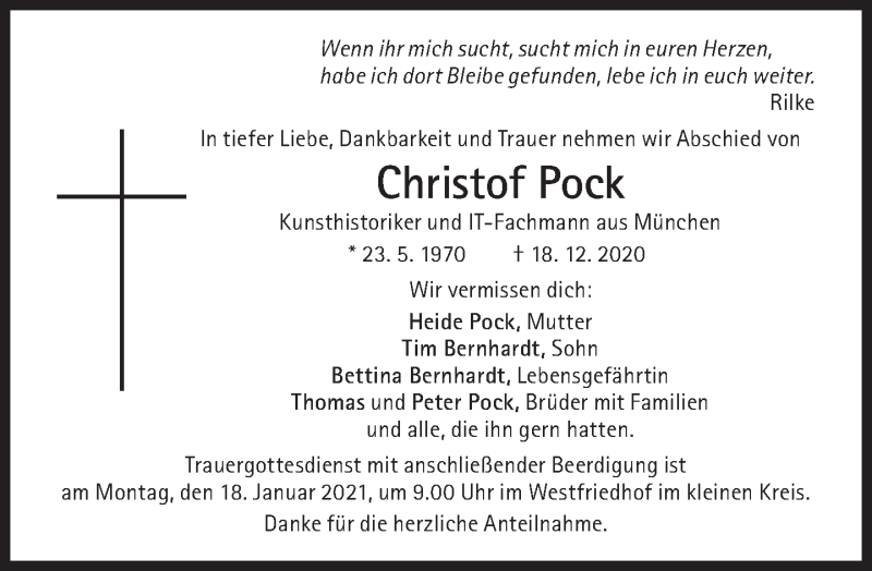  Traueranzeige für Christof Pock vom 09.01.2021 aus Süddeutsche Zeitung