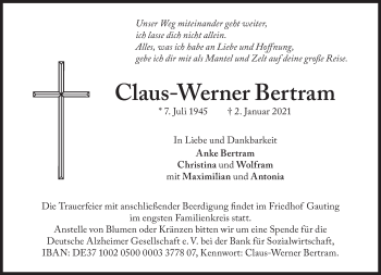 Traueranzeige von Claus-Werner Bertram von Süddeutsche Zeitung