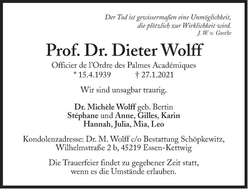 Anzeige von  Dieter Wolff