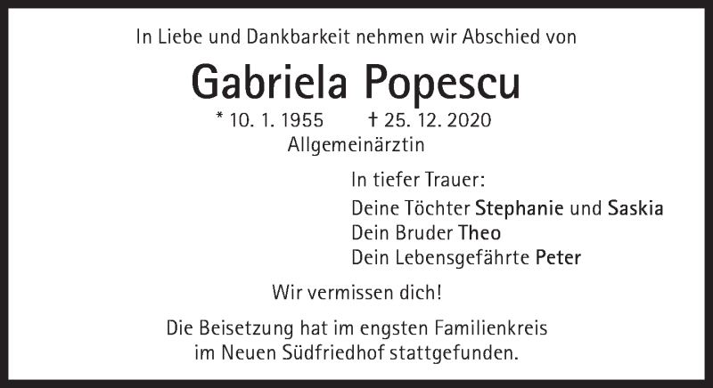  Traueranzeige für Gabriela Popescu vom 02.01.2021 aus Süddeutsche Zeitung