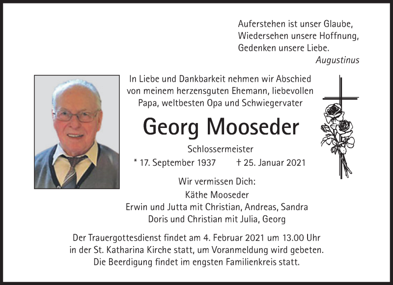  Traueranzeige für Georg Mooseder vom 30.01.2021 aus Süddeutsche Zeitung