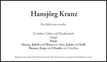 Traueranzeige von Hansjörg Kranz von Süddeutsche Zeitung