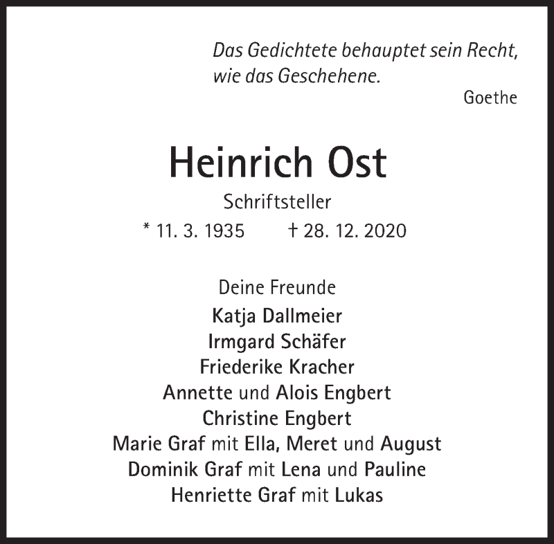  Traueranzeige für Heinrich Ost vom 09.01.2021 aus Süddeutsche Zeitung