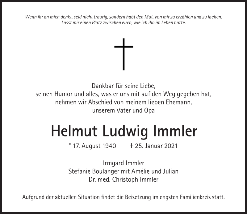  Traueranzeige für Helmut Ludwig Immler vom 30.01.2021 aus Süddeutsche Zeitung