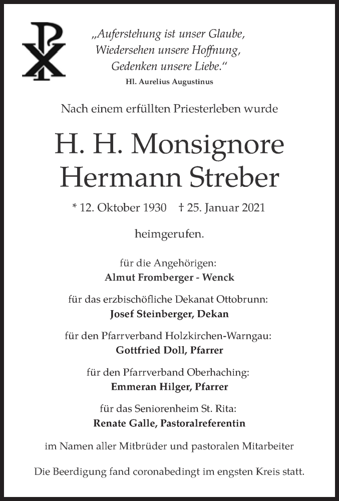  Traueranzeige für Hermann Streber vom 30.01.2021 aus Süddeutsche Zeitung