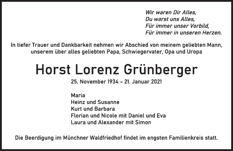  Traueranzeige für Horst Lorenz Grünberger vom 29.01.2021 aus Süddeutsche Zeitung